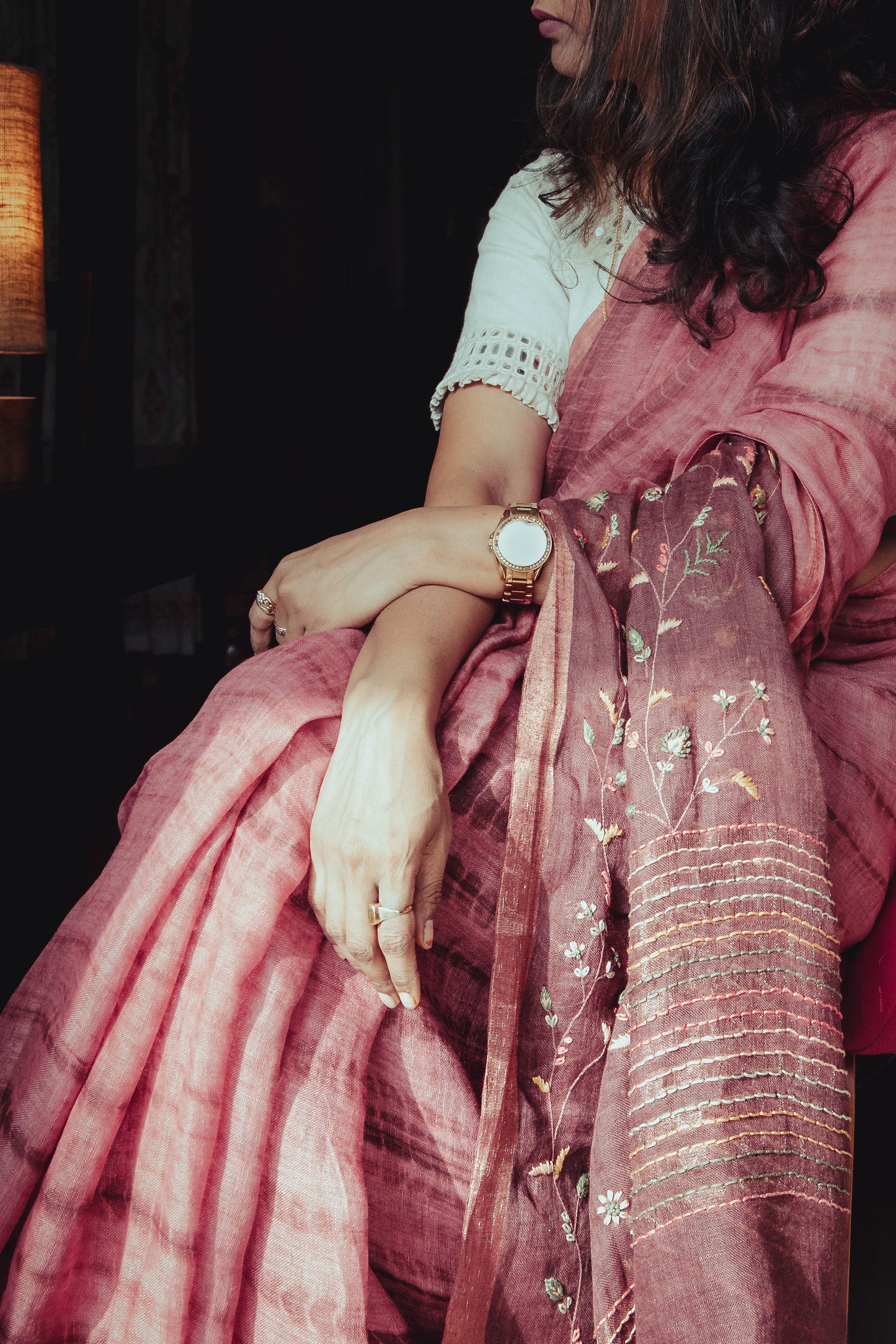 Exclusive Syutikargha Linen Saree Tie-Dye Shibori & floral embroidery