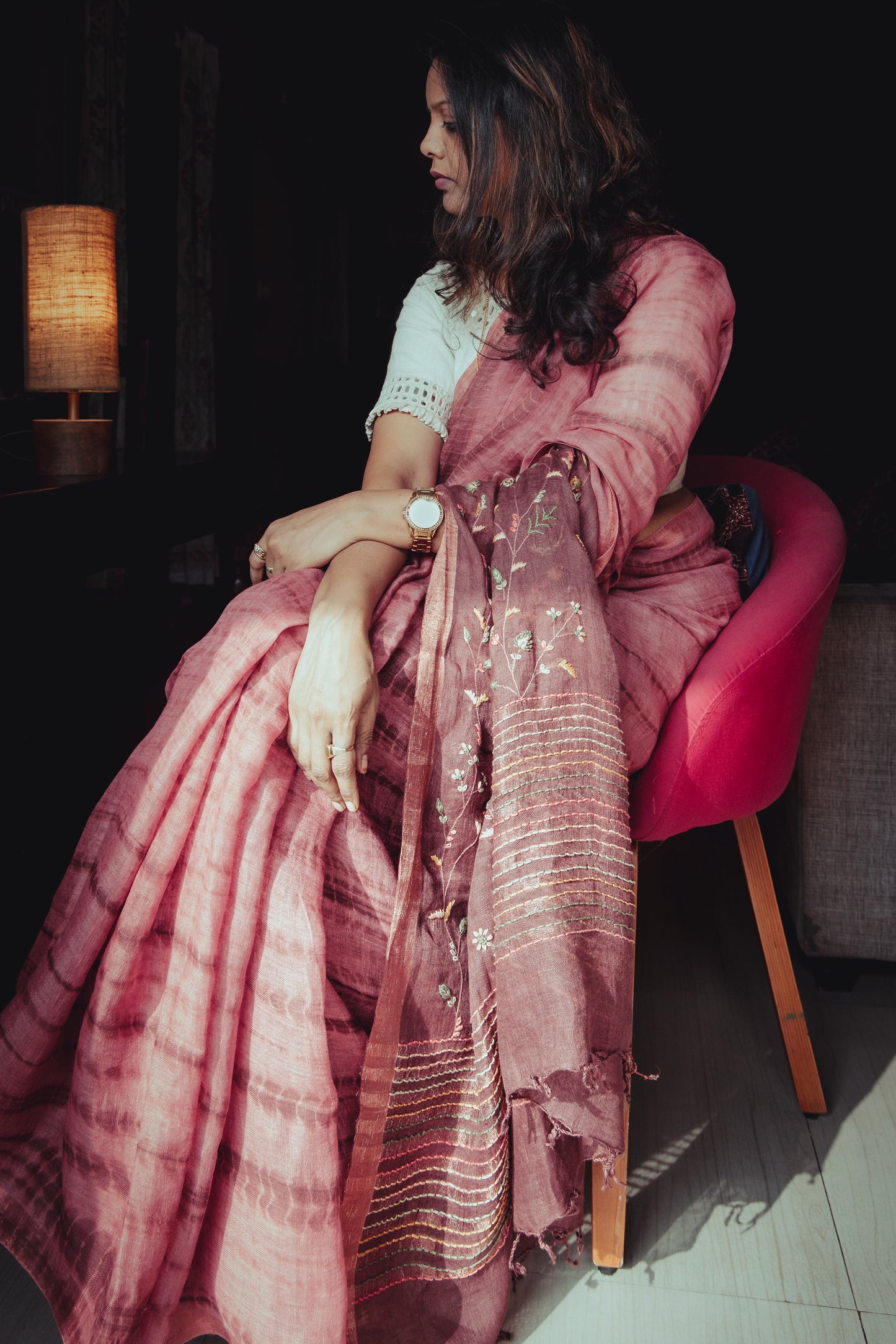 Exclusive Syutikargha Linen Saree Tie-Dye Shibori & floral embroidery