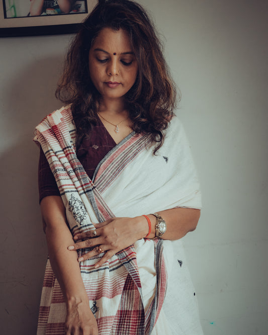 BHUJODI ORGANIC  COTTON SAREE (MIRROR WORK)