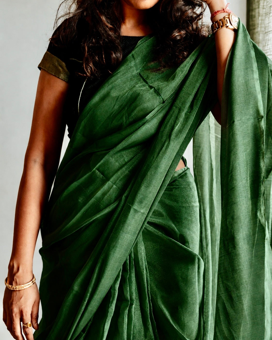Tissue Chanderi (Bottle Green Metallic) Sari.