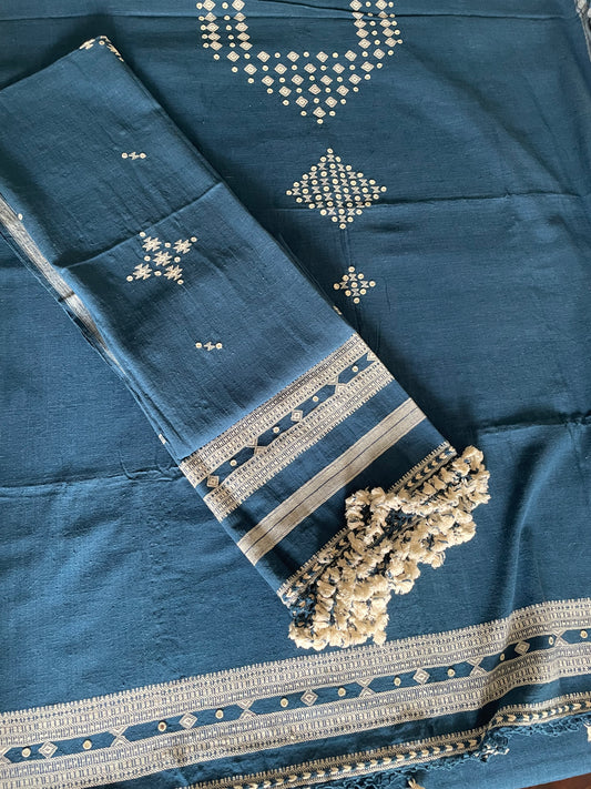 BHUJODI KALA COTTON MIRROR WORK SUIT-SET(KURTA ,BOTTOM & DUPATTA)- 3Piece