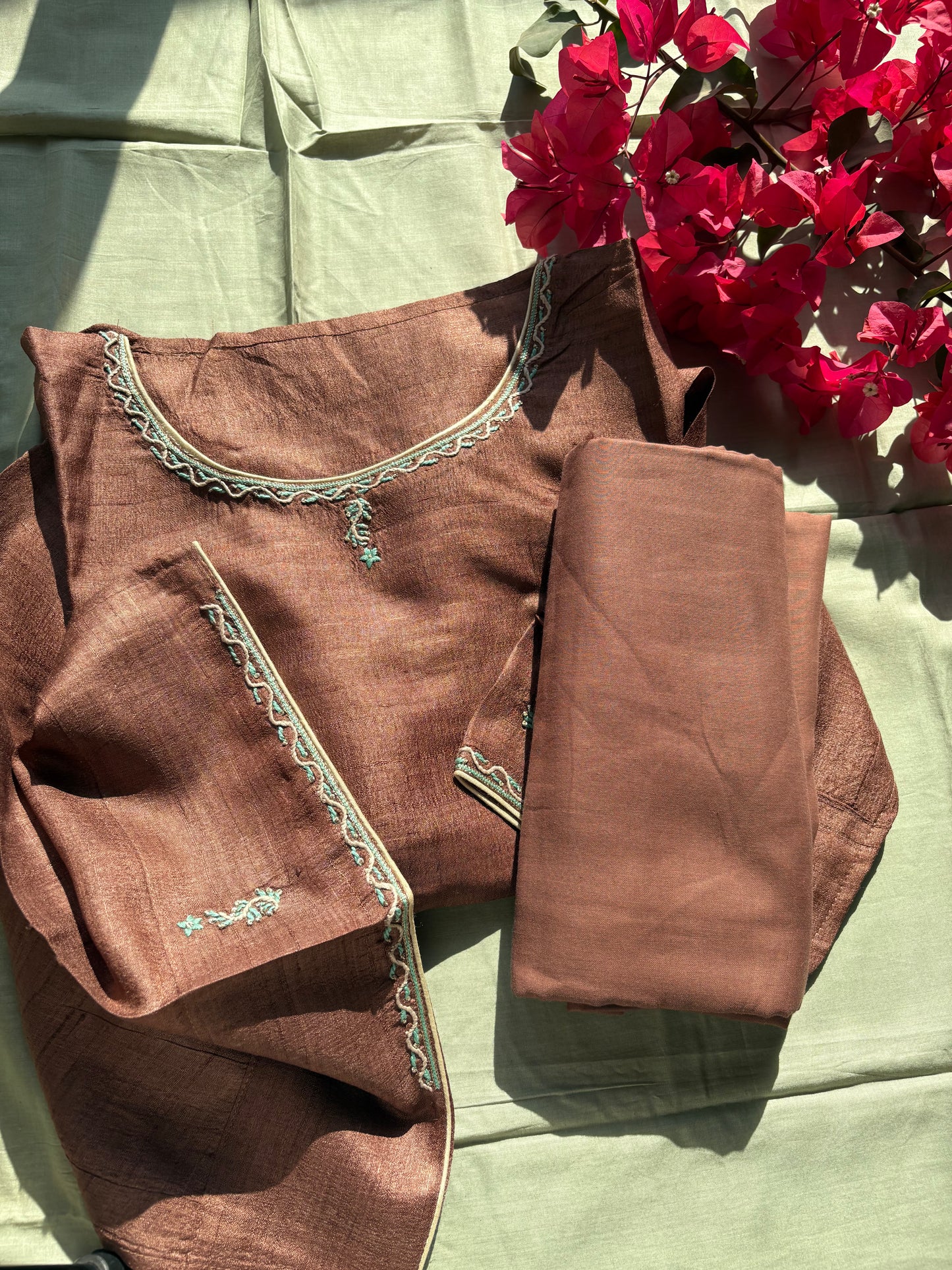 Handloom & Hand Embroidered Tussar silk Kurta With Bottom.