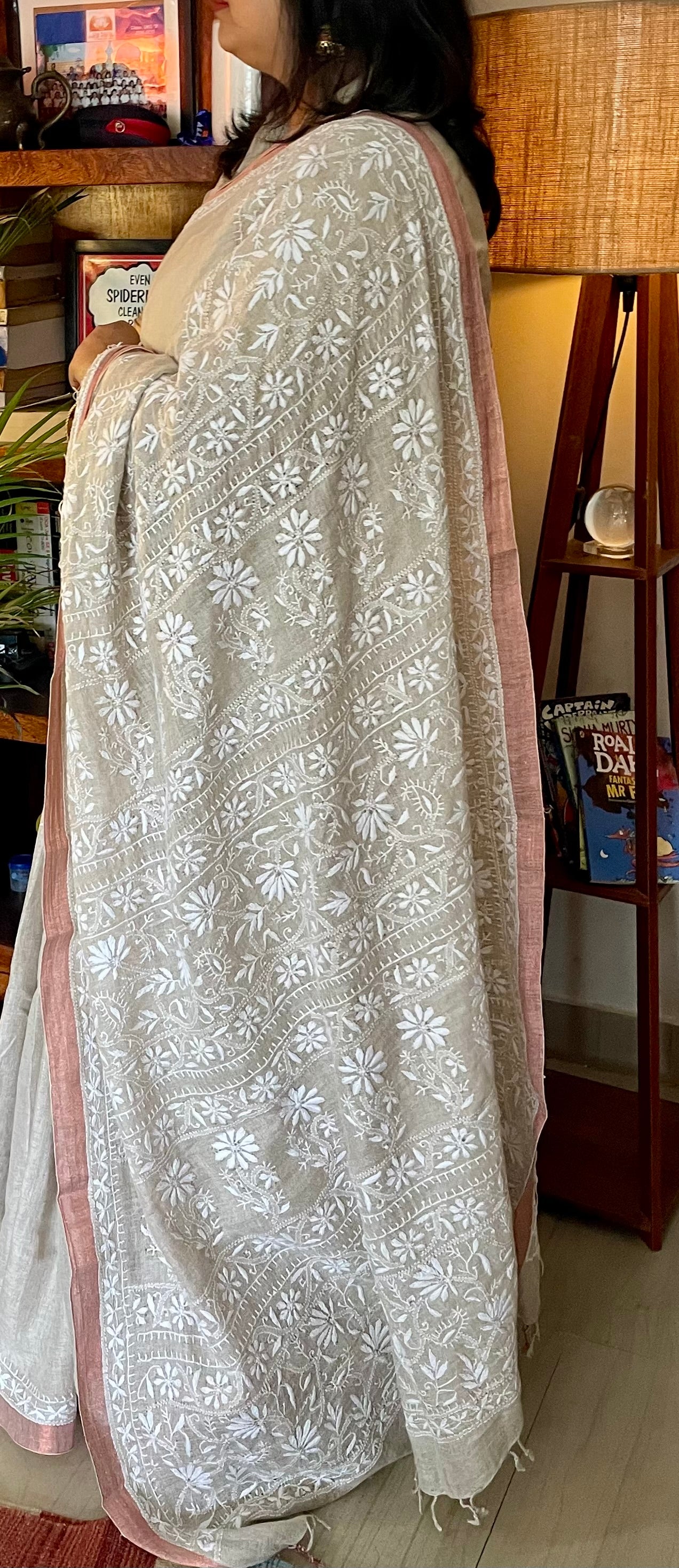 Exclusive Syutikargha Organic Linen Saree -Hand Chikankari Work.