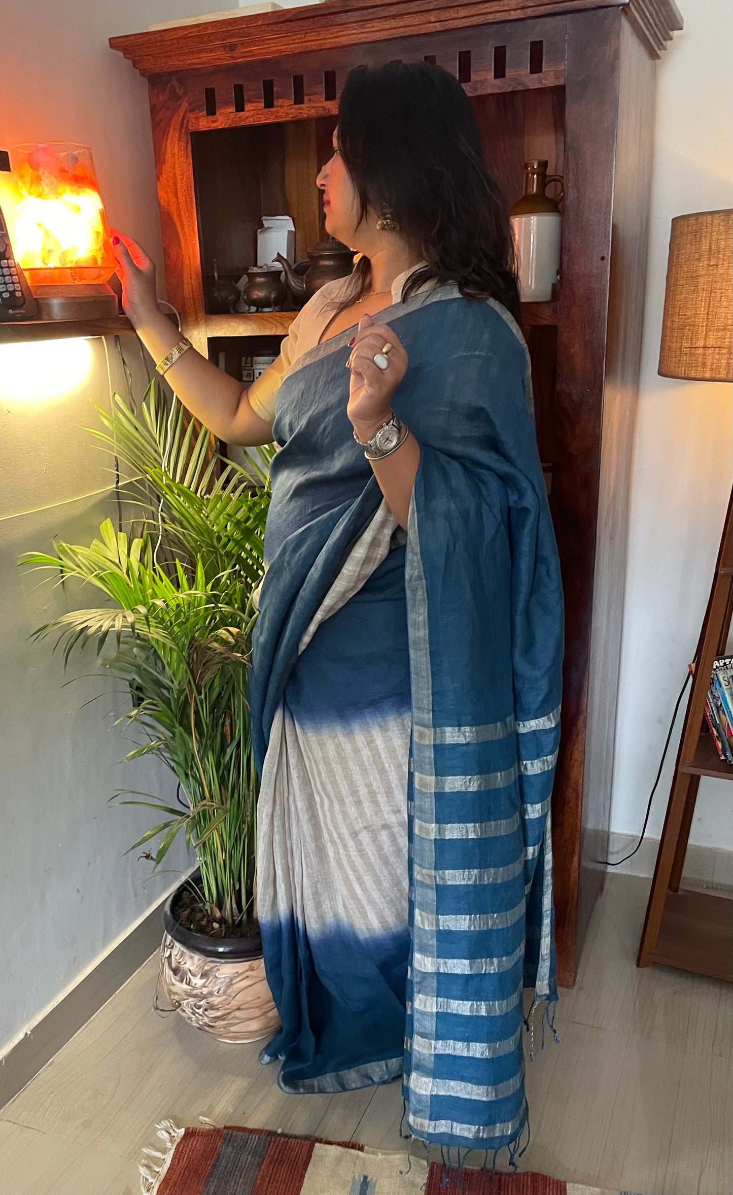 Organic Linen Saree -Blue.
