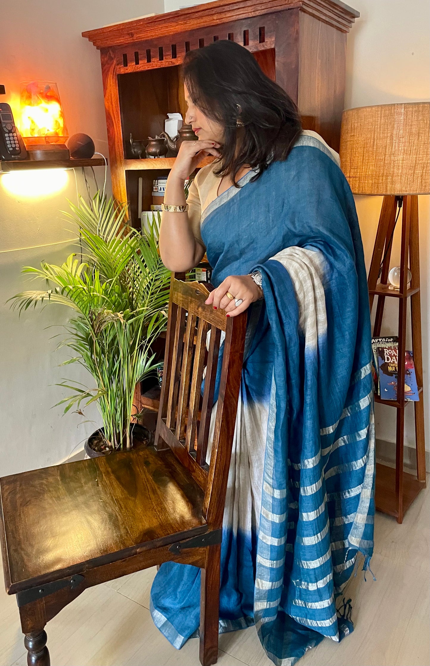 Organic Linen Saree -Blue.
