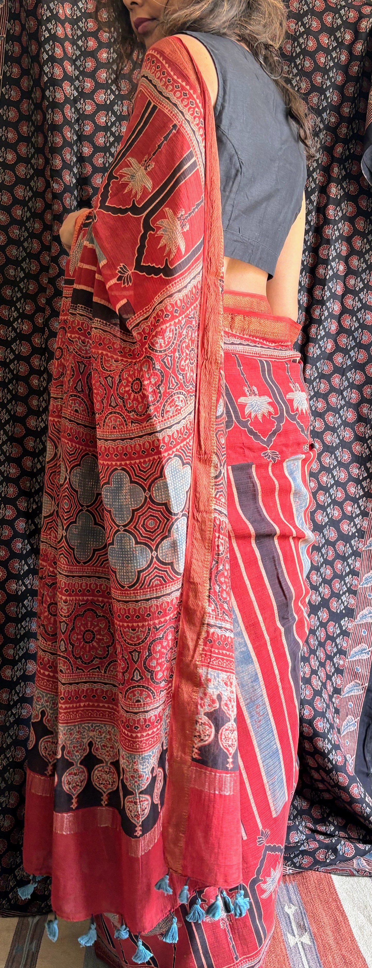 Ajrakh Maheswari silk cotton Saree with Tassels.