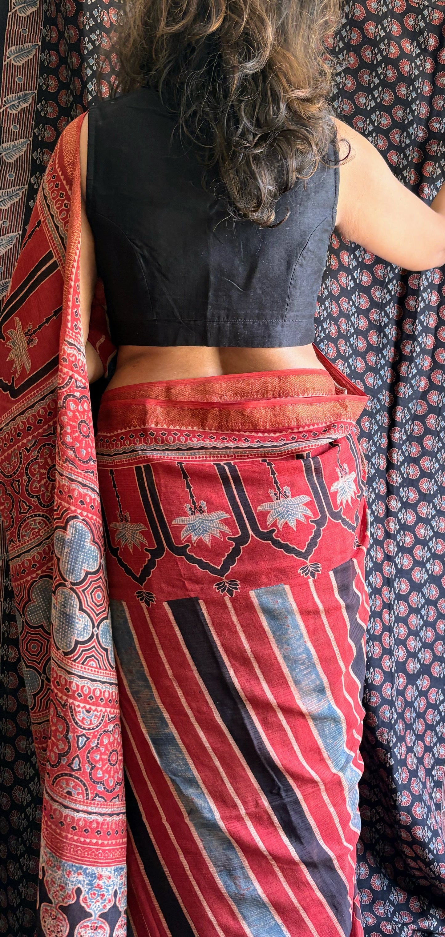 Ajrakh Maheswari silk cotton Saree with Tassels.