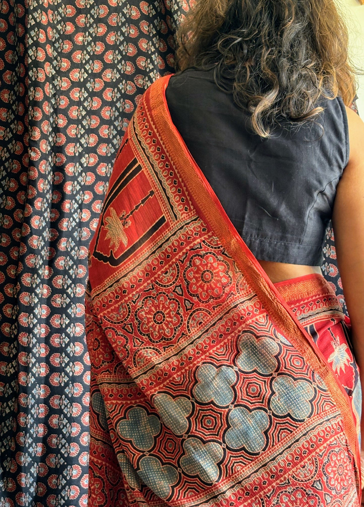Ajrakh Maheswari silk cotton Saree with Tassels.