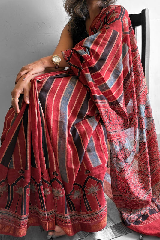 Ajrakh Maheswari silk cotton Saree with Tassels.
