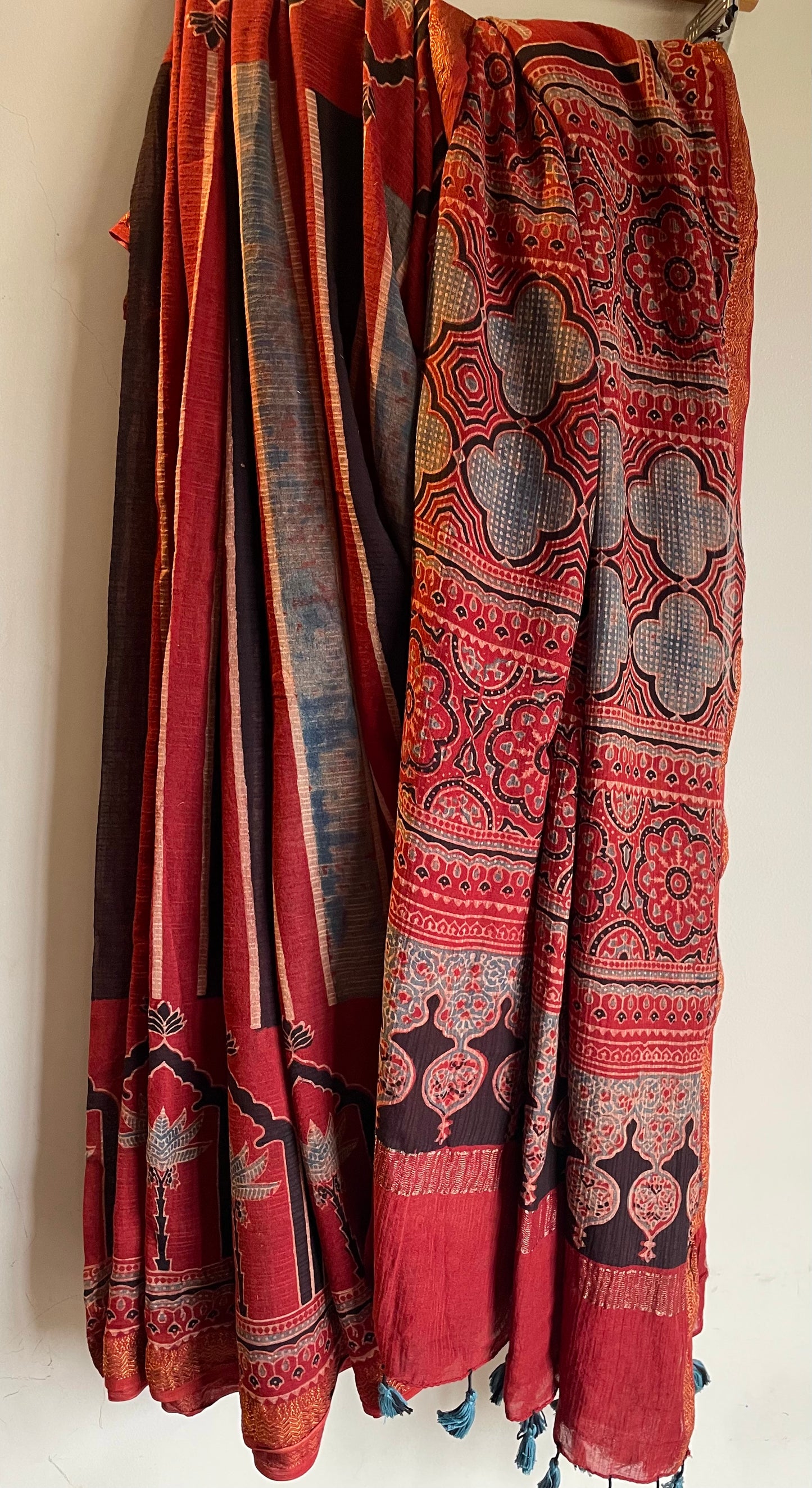 Ajrakh Maheswari silk cotton Saree with Tassels.