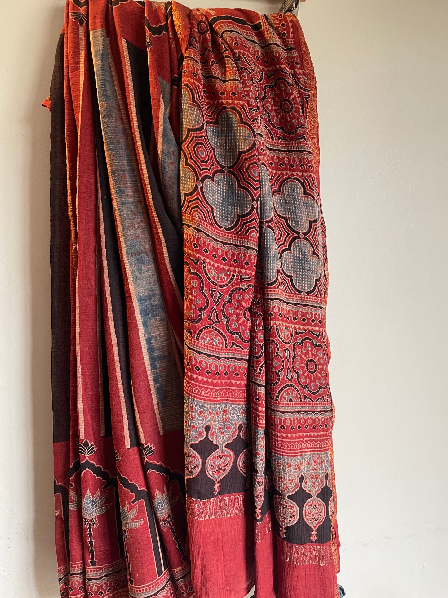 Ajrakh Maheswari silk cotton Saree with Tassels.