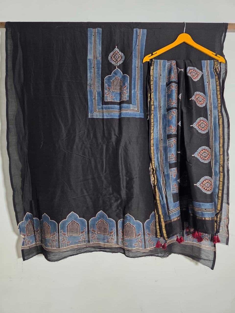 AJRAKH CHANDERI SILK HANDBLOCK SUIT SET(Black)