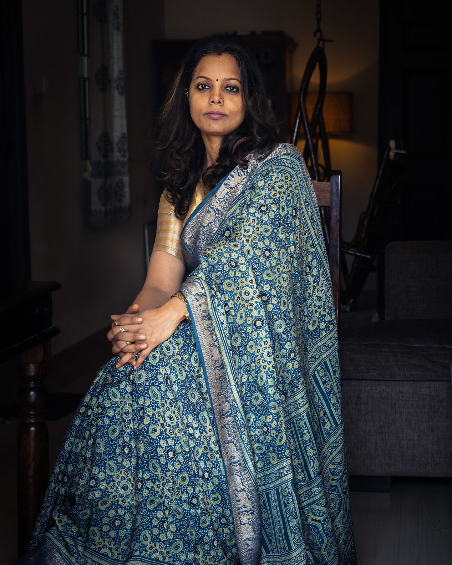 PREMIUM DOLA SILK MEENAKARI PALLU AJRAKH SAREE #2