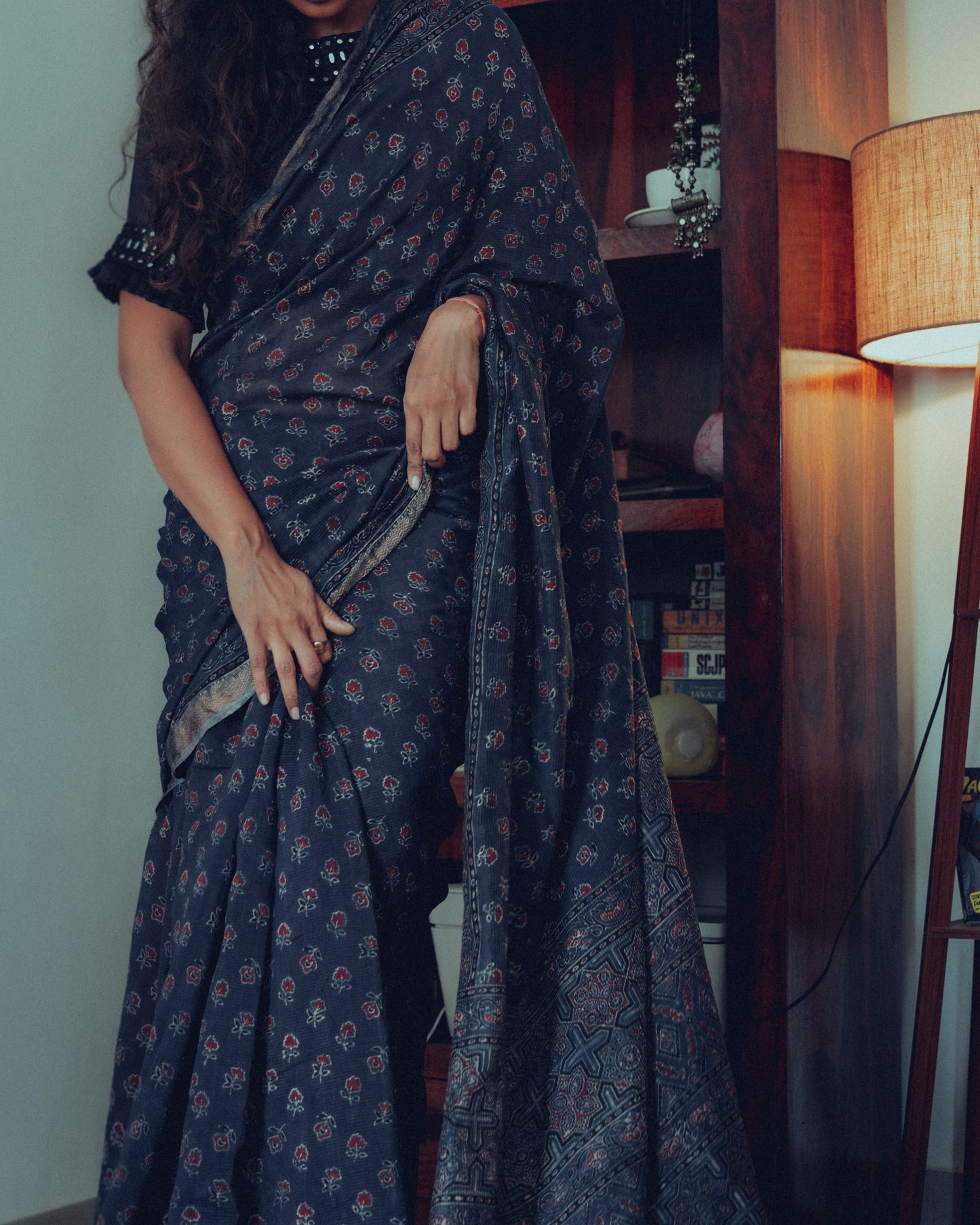 Maheshwari Natural Dyed Ajrakh Saree with Tassels