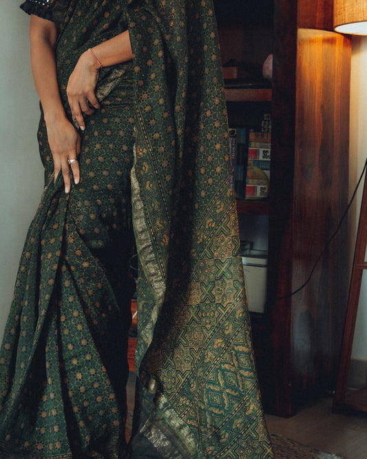 Maheshwari Natural Dyed Ajrakh Saree with Tassels.