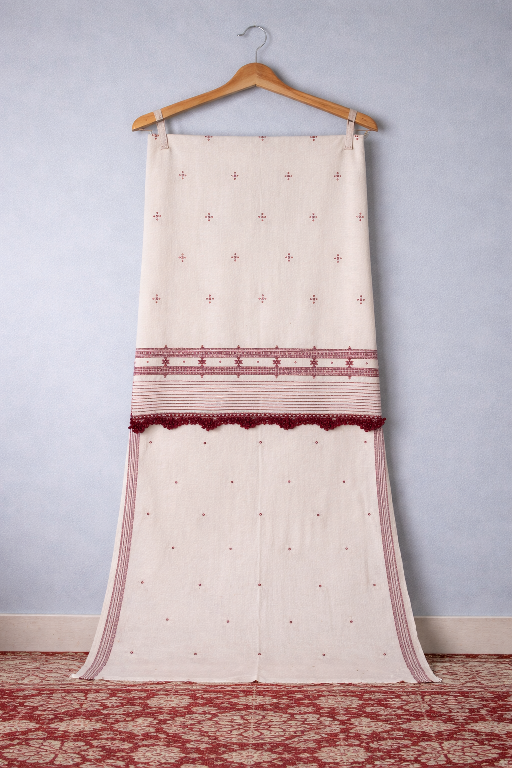 BHUJODI KALA COTTON MIRROR WORK SUIT-SET(KURTA , BOTTOM & DUPATTA)- white
