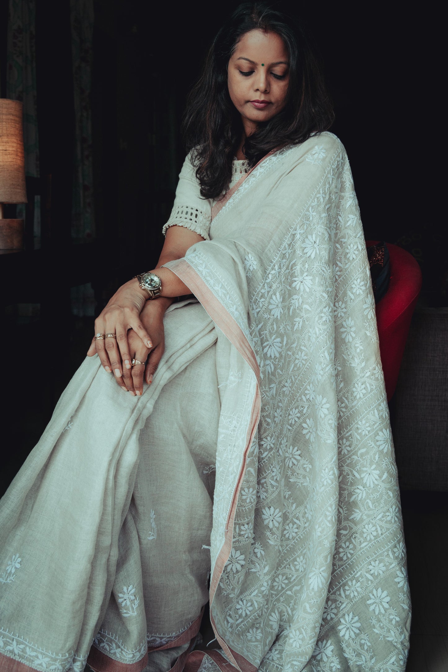 Exclusive Syutikargha Organic Linen Saree -Hand Chikankari Work.