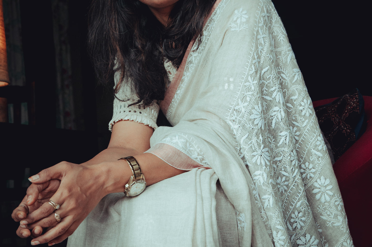 Exclusive Syutikargha Organic Linen Saree -Hand Chikankari Work.