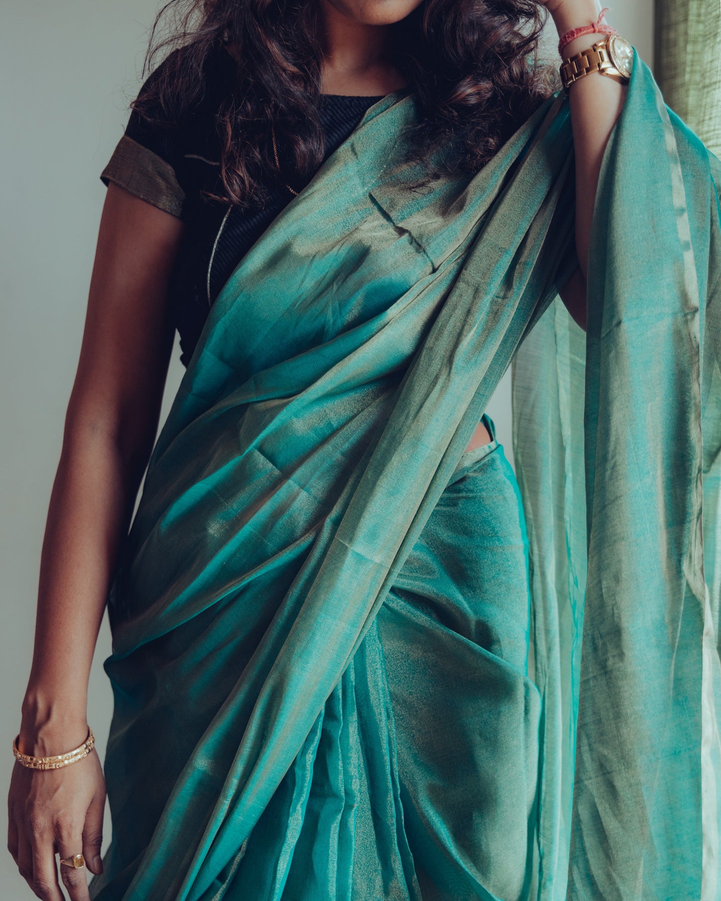 Tissue Chanderi (Green Metallic) Sari.