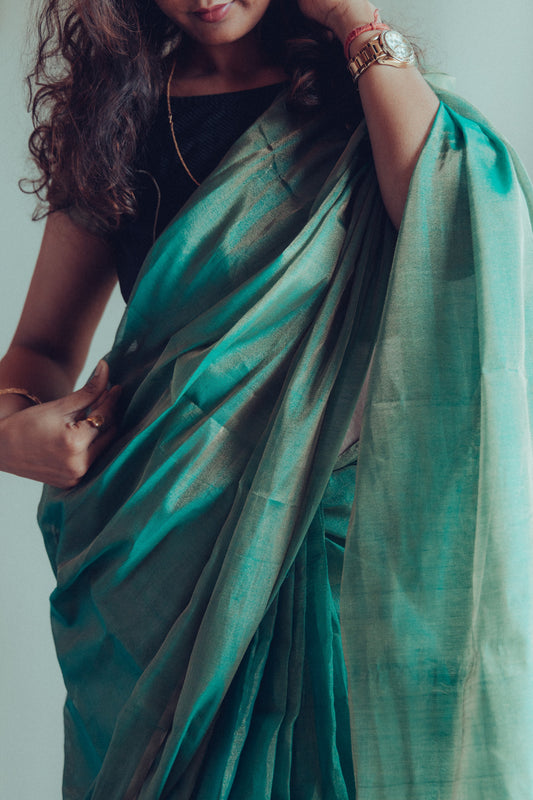 Tissue Chanderi (Green Metallic) Sari.