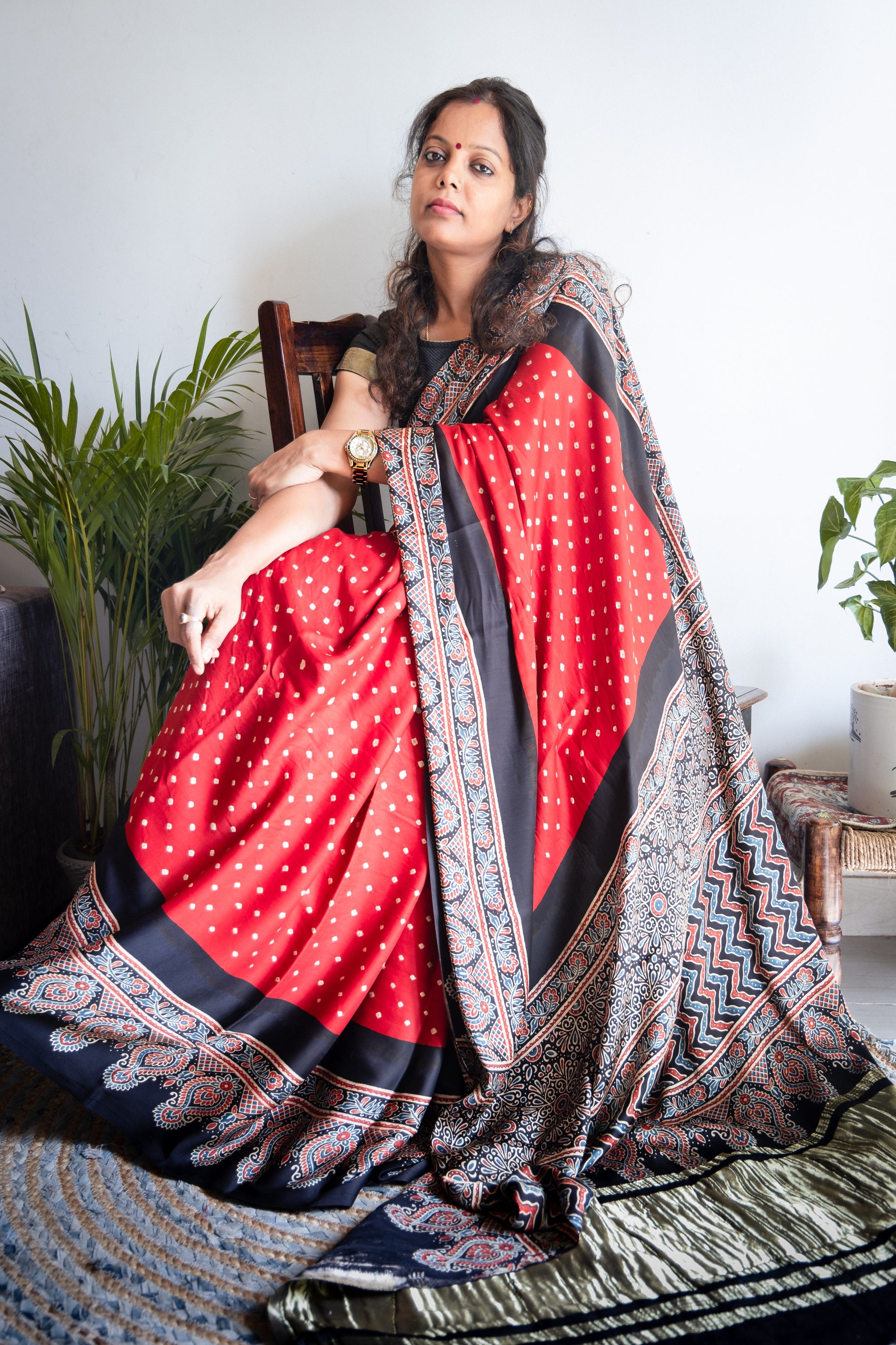 Ajrakh Bandhani Modal Silk Saree(Tissue pallu) – syutikargha