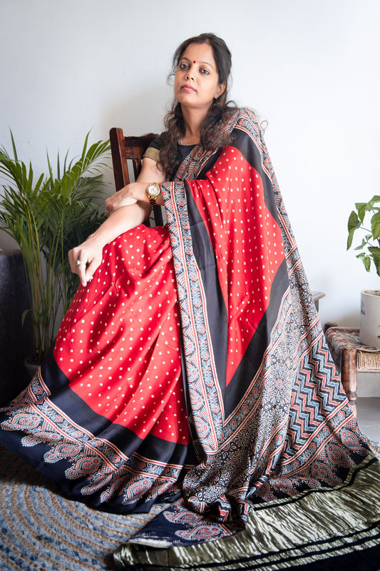 Ajrakh Bandhani Modal Silk  Saree(Tissue pallu)