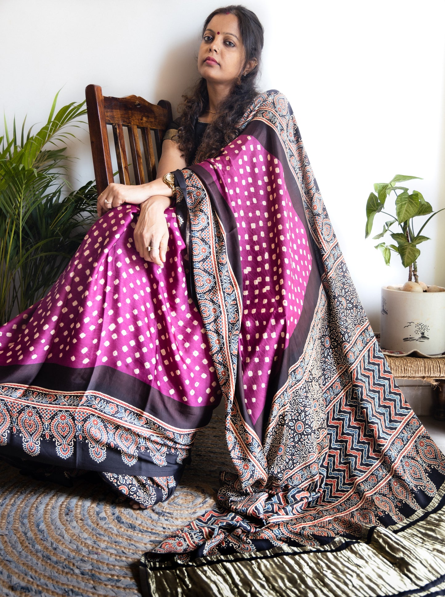 Ajrakh Bandhani Modal Silk  Saree(Tissue pallu)