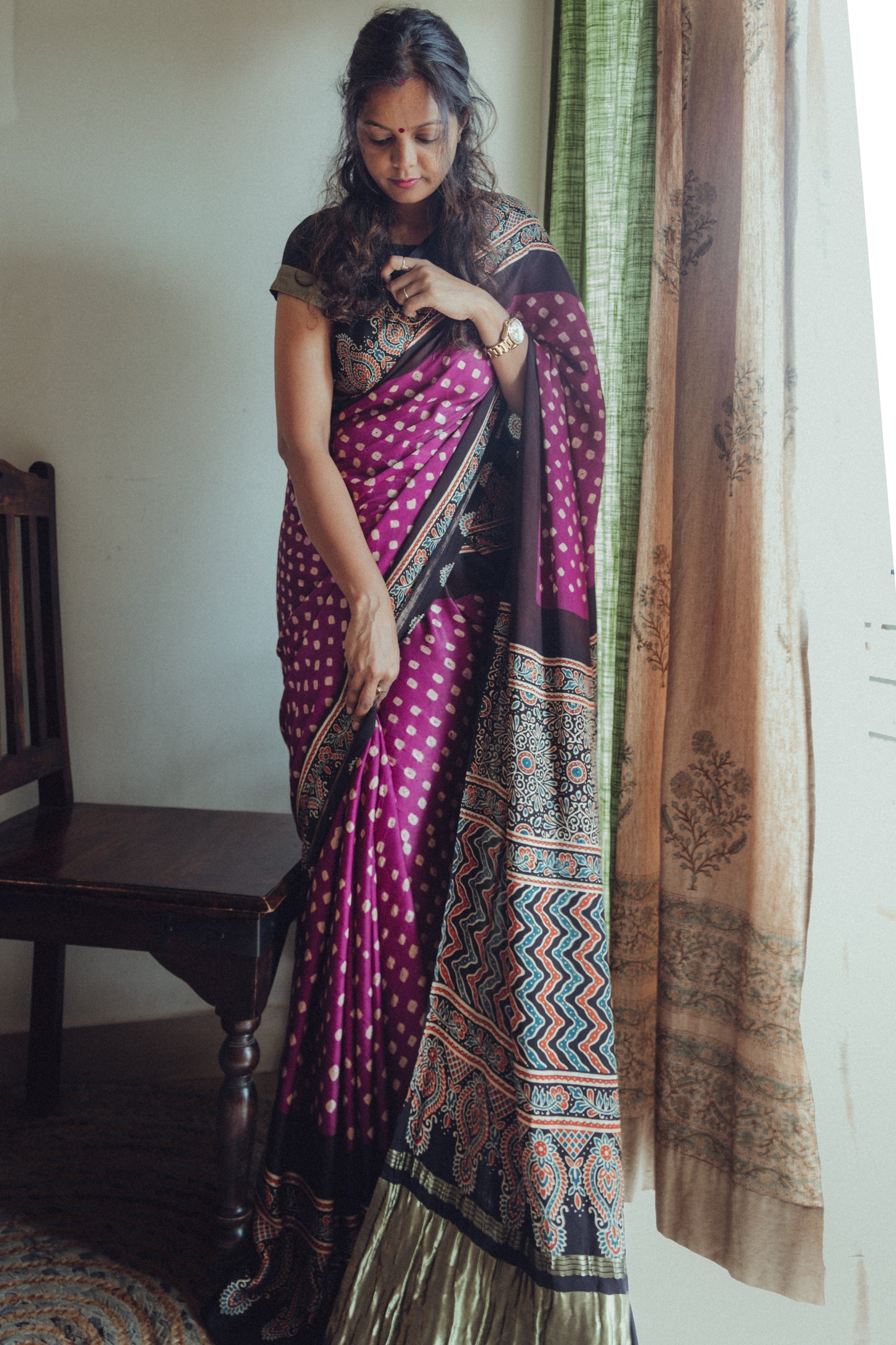 Ajrakh Bandhani Modal Silk  Saree(Tissue pallu)