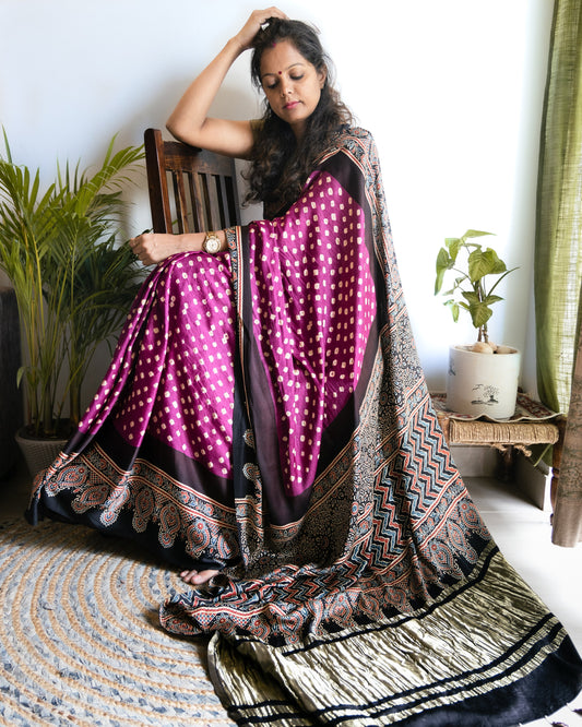 Ajrakh Bandhani Modal Silk  Saree(Tissue pallu)