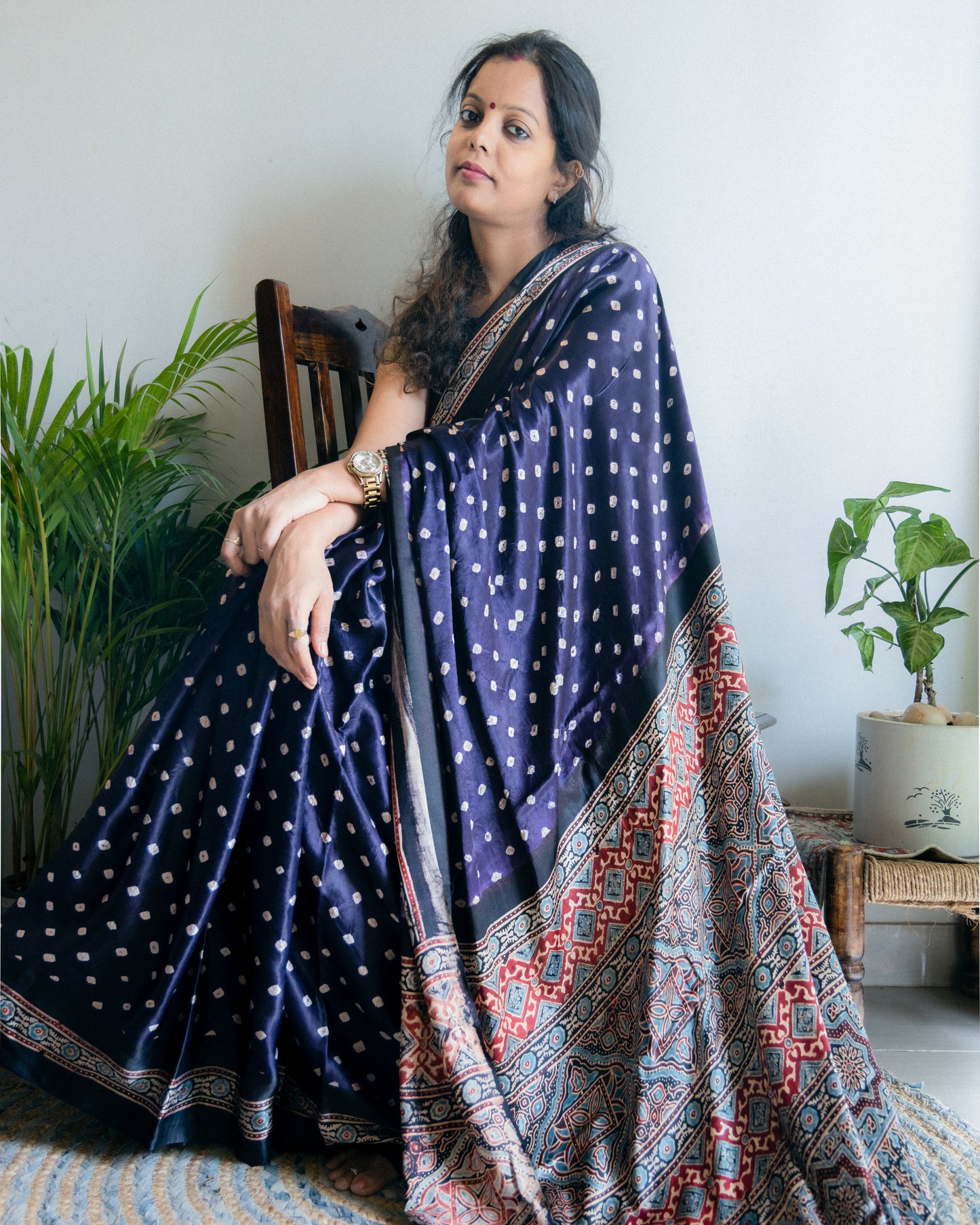 Ajrakh Bandhani Modal Silk  Saree