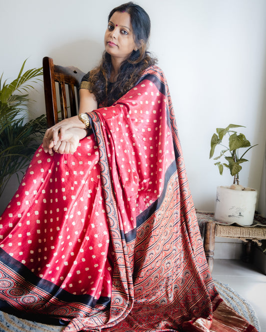 Ajrakh Bandhani Modal Silk  Saree(Tissue Pallu)