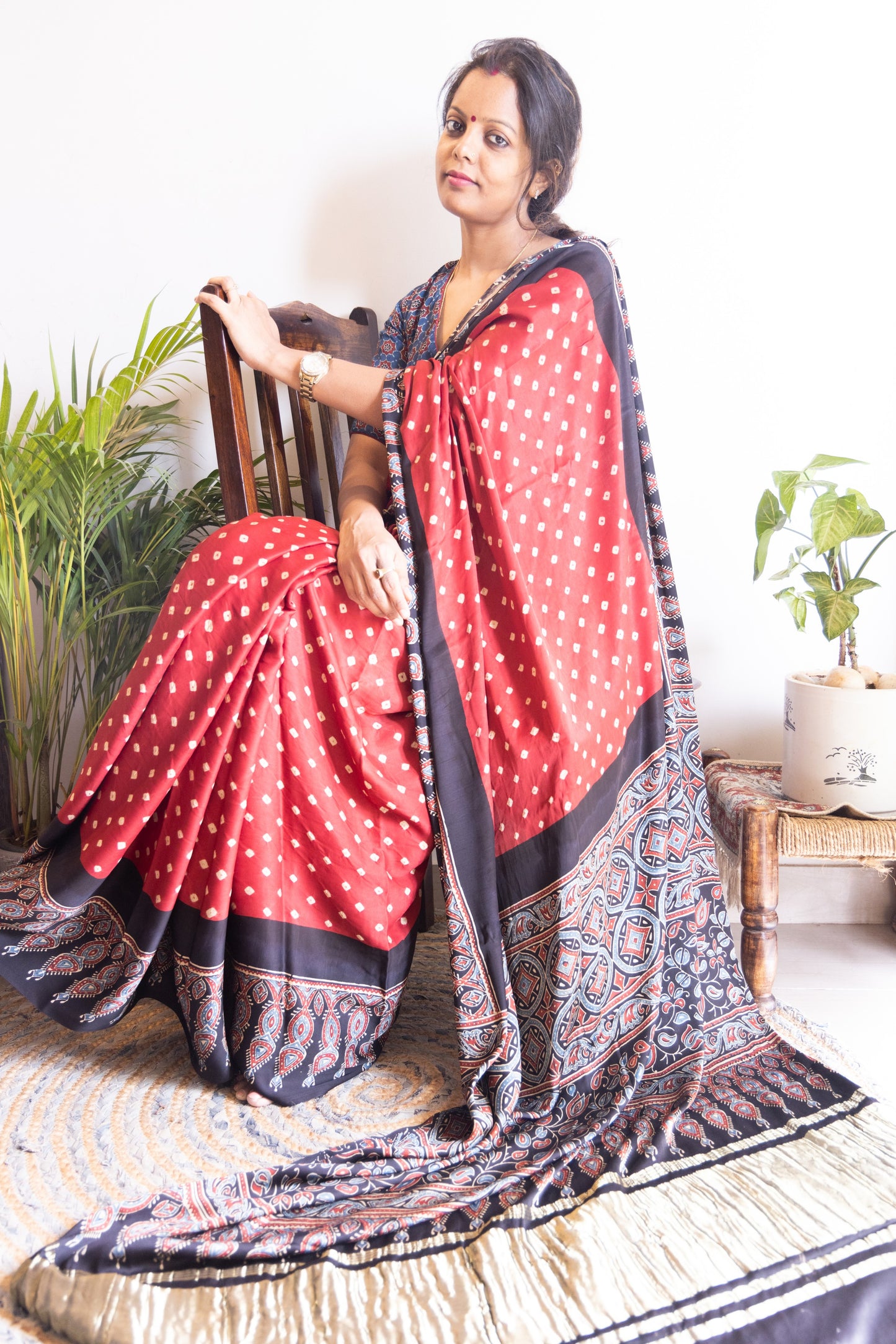 Ajrakh Bandhani Modal Silk  Saree(Tissue pallu)