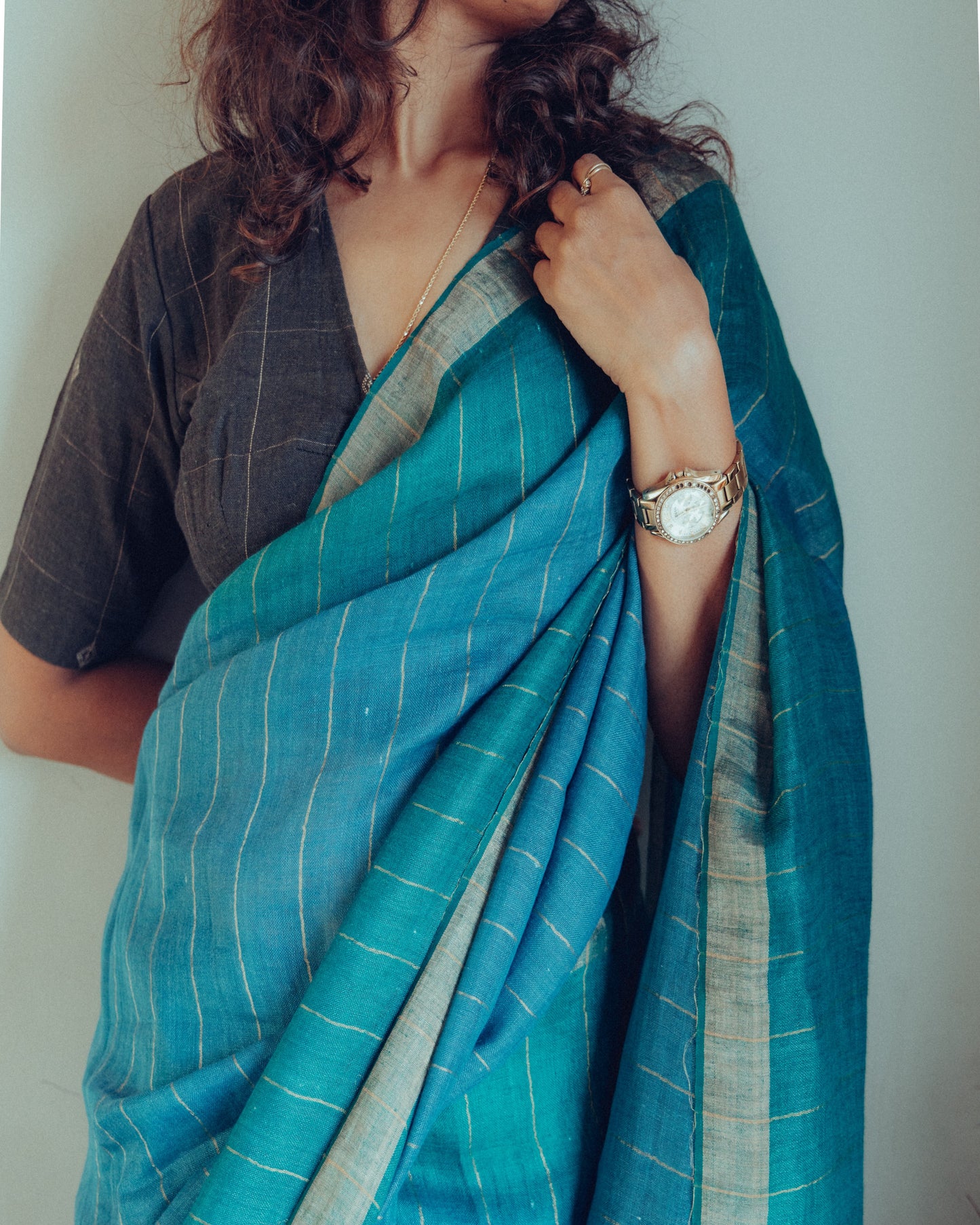 Aquamarine Linen Saree #2 (Gold Zari)