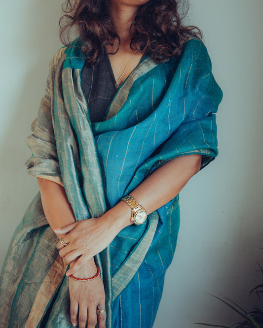 Aquamarine Linen Saree #2 (Gold Zari)