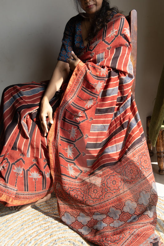 Maheshwari Ajrakh Saree with Tassels.