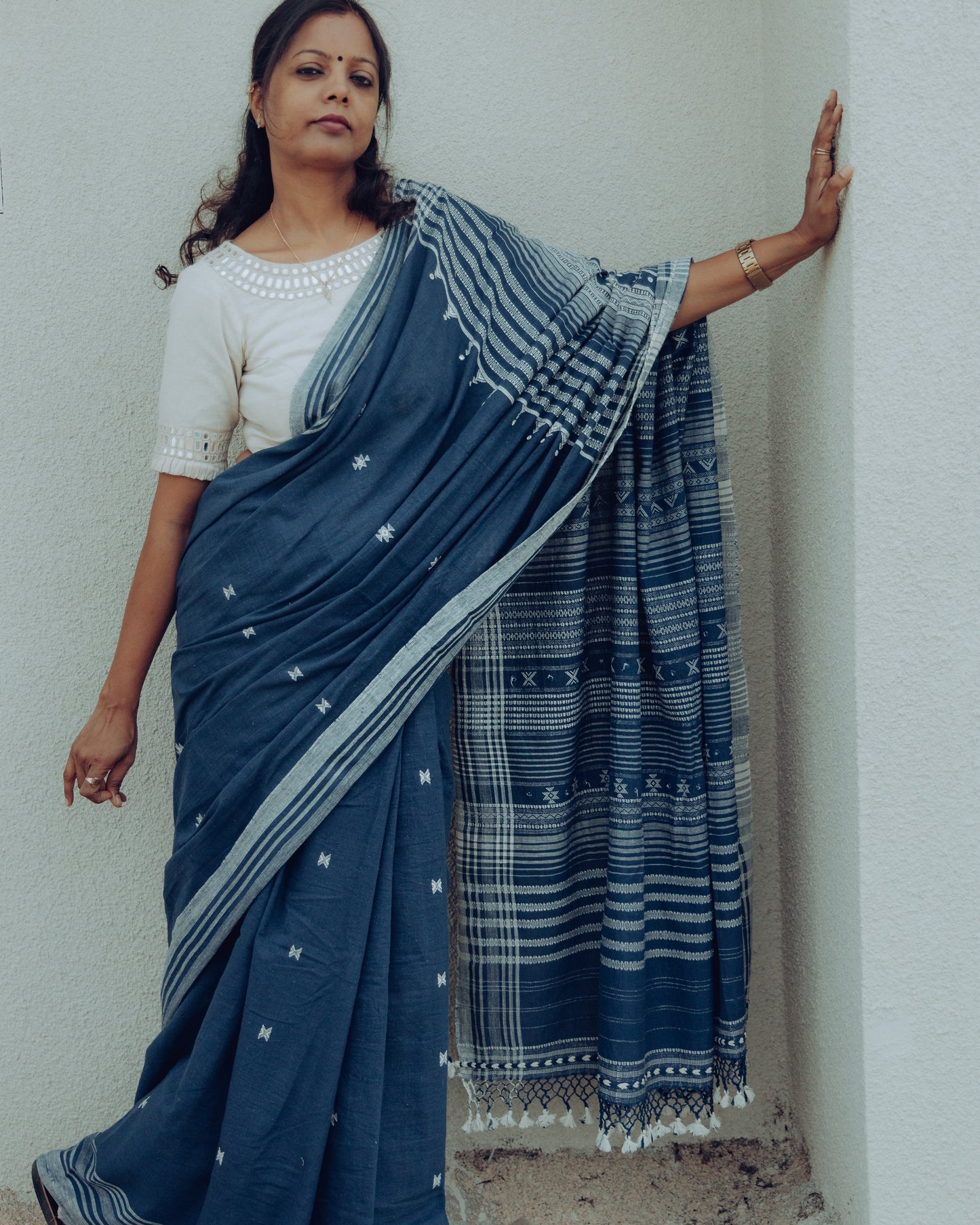 Navy Blue Mirror Work Bhujodi Handloom Organic Kala Cotton Saree.