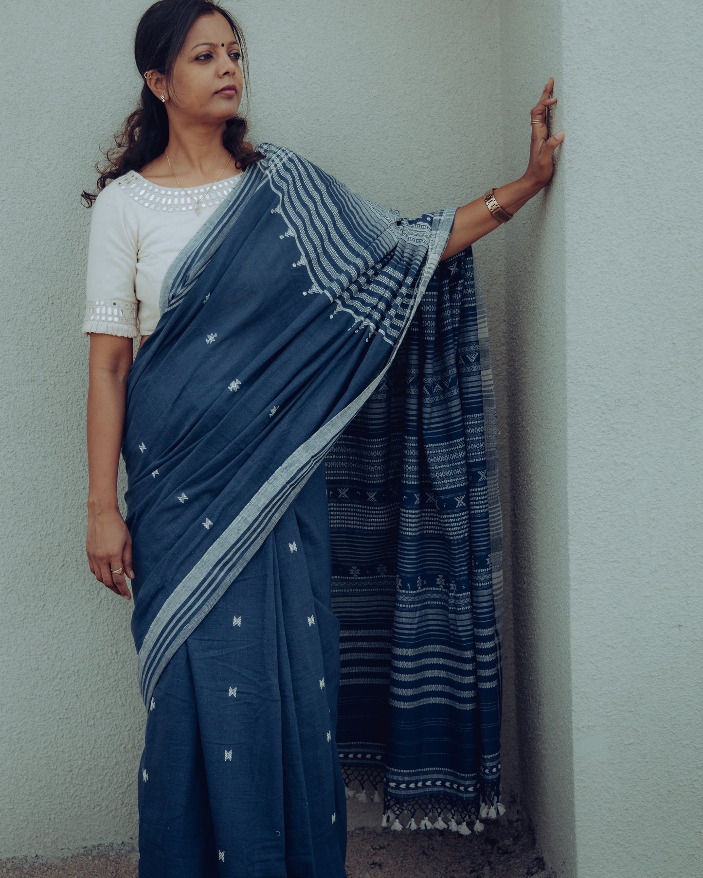 Navy Blue Mirror Work Bhujodi Handloom Organic Kala Cotton Saree.