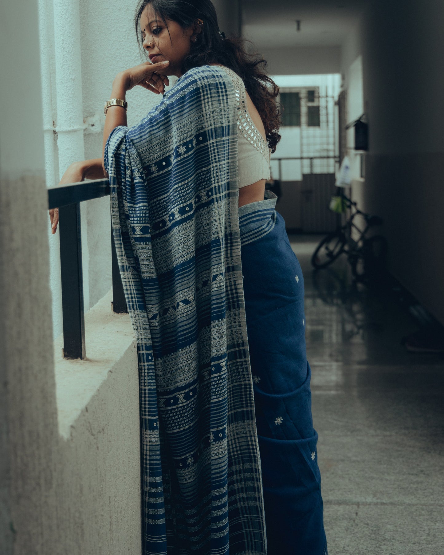 Navy Blue Mirror Work Bhujodi Handloom Organic Kala Cotton Saree.