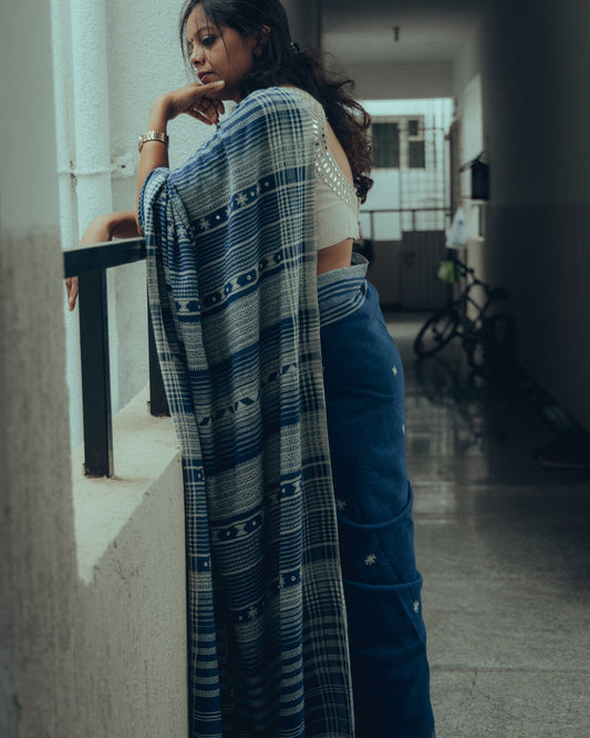 Navy Blue Mirror Work Bhujodi Handloom Organic Kala Cotton Saree.