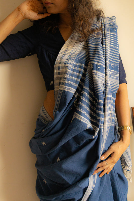 Navy Blue Mirror Work Bhujodi Handloom Organic Kala Cotton Saree.