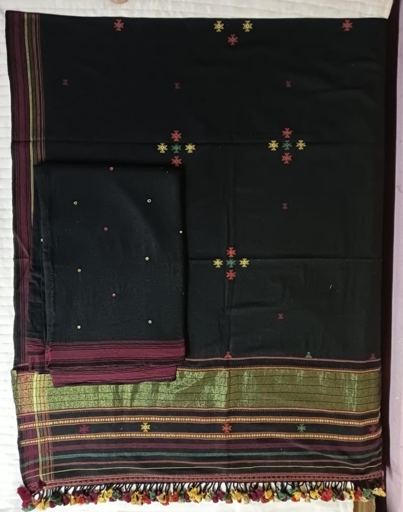 BHUJODI KALA COTTON MIRROR WORK SUIT-SET(KURTA ,BOTTOM & DUPATTA)- 3Piece