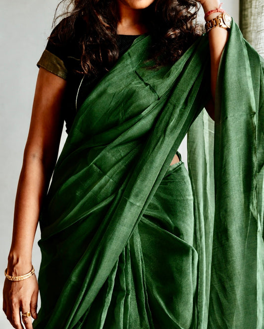 Tissue Chanderi (Bottle Green Metallic) Sari.