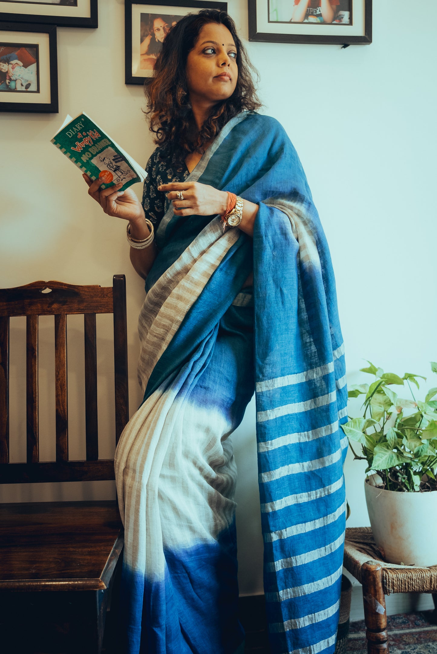 Organic Linen Saree -Blue.