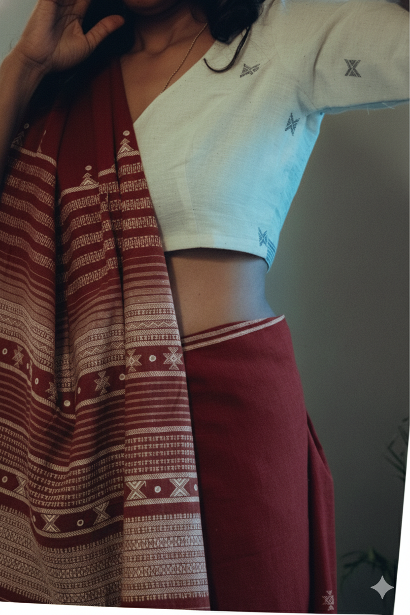 Maroon Mirror Work Bhujodi Handloom Organic Kala Cotton Saree.