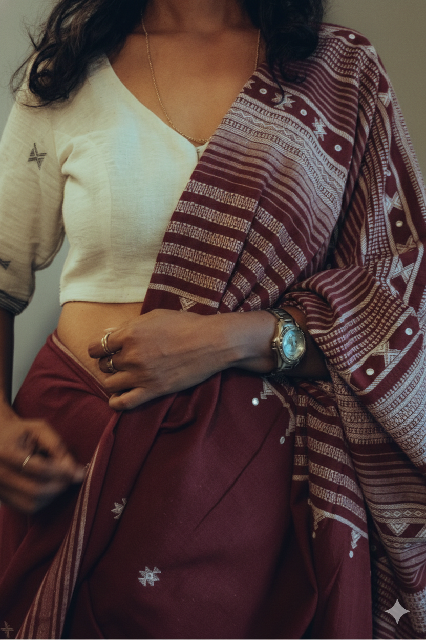 Maroon Mirror Work Bhujodi Handloom Organic Kala Cotton Saree.