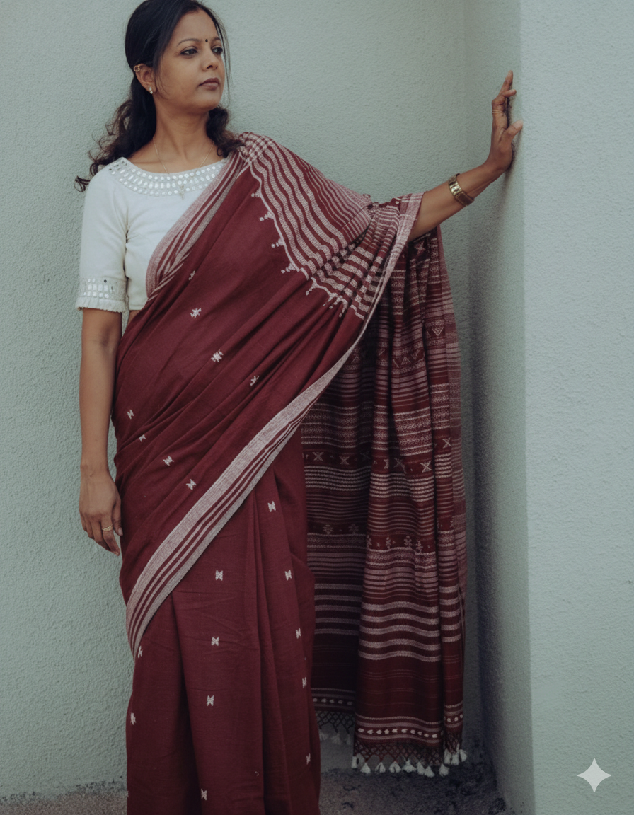Maroon Mirror Work Bhujodi Handloom Organic Kala Cotton Saree.