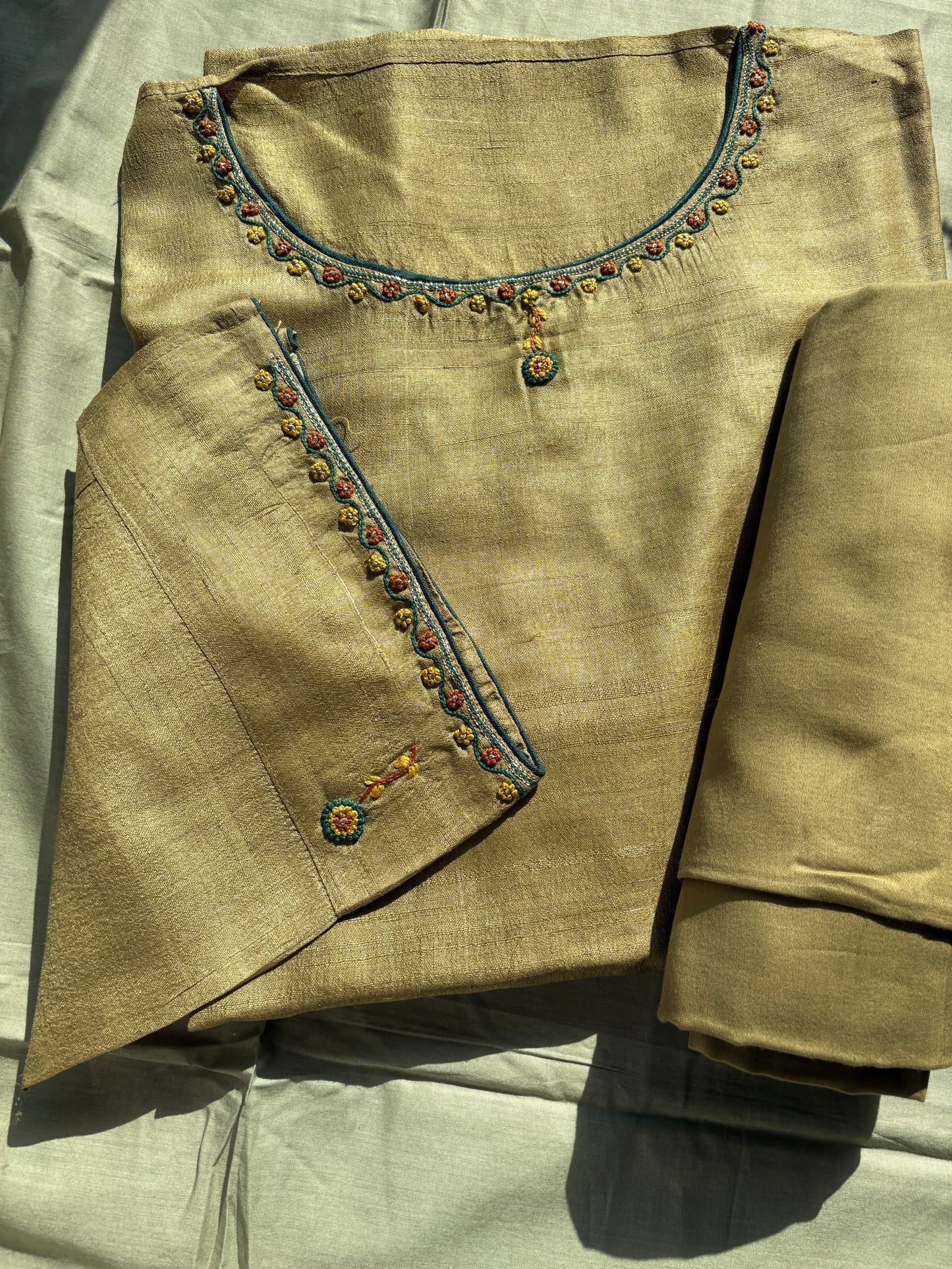 Handloom & Hand Embroidered Tussar silk Kurta With Bottom.