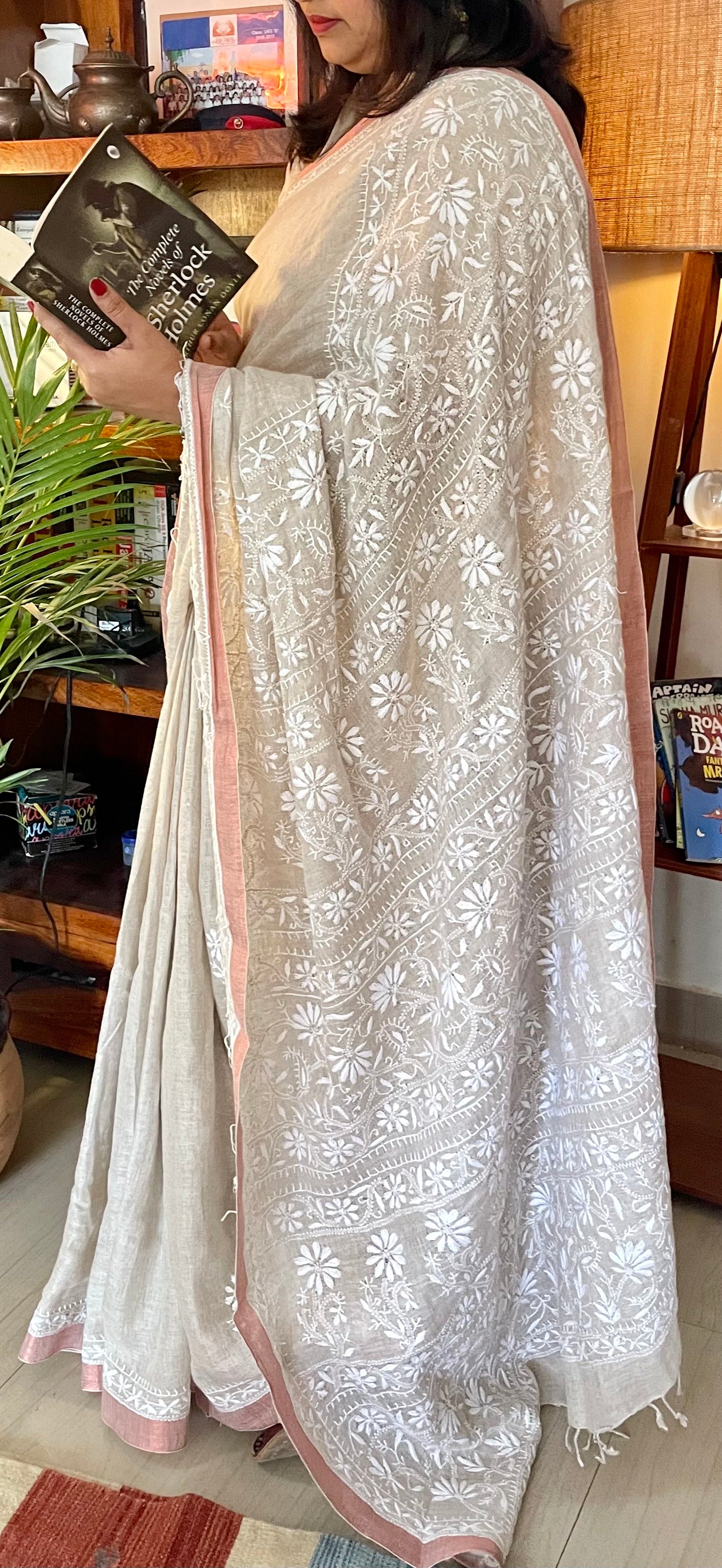 Exclusive Syutikargha Organic Linen Saree -Hand Chikankari Work.