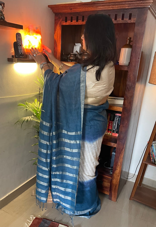 Organic Linen Saree -Blue.