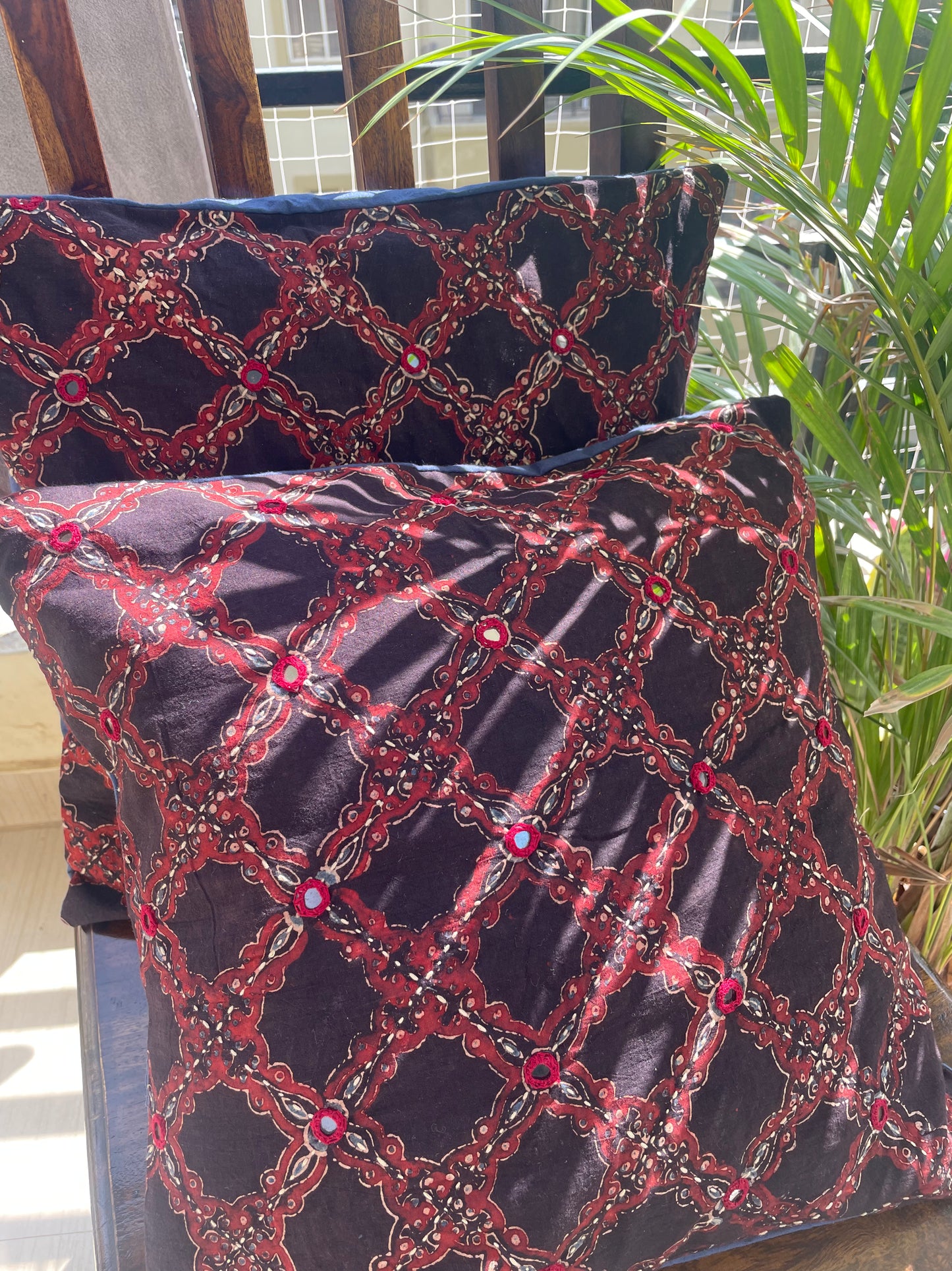 BLACK - RUST  hand Embroidered Cotton  Cushion Cover